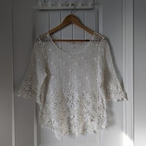 Crochet Lace Scoop Neck Top in Creamy White Cotton Size Large